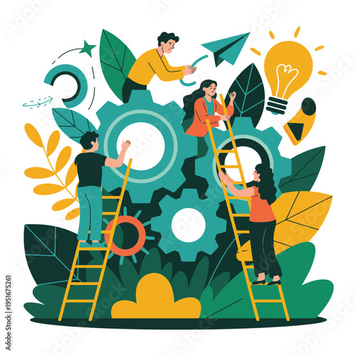 A group of people working together on a large gear with leaves and lightbulbs