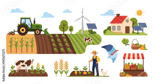Sustainable Agriculture Scene: Modern Eco Farm with Farmer, Tractor, Livestock, Renewable Energy (Solar Panels, Wind Turbine), Crops, and Farmer's Market.