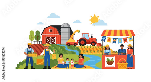 Modern Flat Vector of Farm Life and Agriculture: Farmers, Family Picnic, Tractor Harvesting, Red Barn, and Local Produce Market Stand