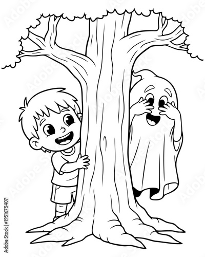 Cute Kid and Friendly Ghost Playing Hide and Seek Halloween Coloring Page Illustration Black and White Line Art