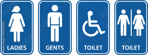 Minimalist Bathroom Sign Icon Set Showing Ladies, Gents, Accessible, and Female Toilet Symbols in Blue and White Design