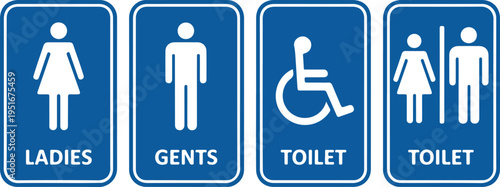 Minimalist Bathroom Sign Icon Set Showing Ladies, Gents, Accessible, and Female Toilet Symbols in Blue and White Design