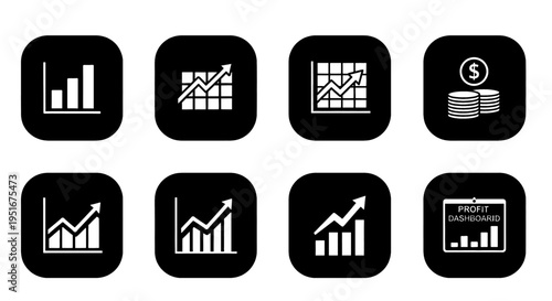 Collection of simple white icons representing business growth and financial success on a black background.