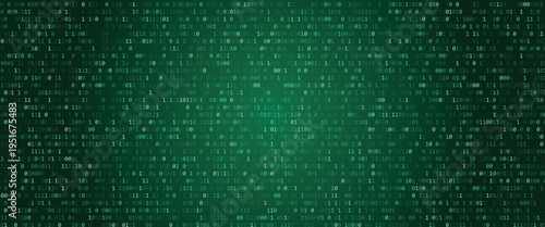 Green binary code background with glowing white numbers and data processing concept for technology and coding