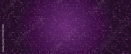 Digital binary code background with purple hue and data visualization elements for tech and coding concepts