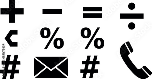Basic Symbols and Communication Icons Set with Math Signs, Percent, Hashtag, Email Envelope and Phone Elements
