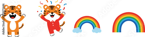 Cute tiger cartoon with rainbow set vector illustration kawaii animal character colorful kids design playful clipart bundle isolated collection pack
