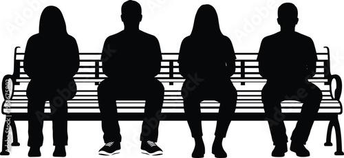 People sitting on bench silhouettes, group waiting concept, public place scene, social interaction, urban life, minimal black white vector illustration