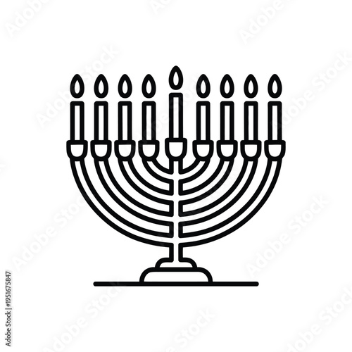 A traditional menorah with lit candles on a white background