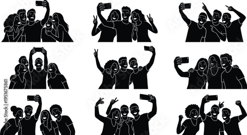 Black and white illustration of diverse groups taking cheerful selfies with expressive hand gestures in modern social atmosphere