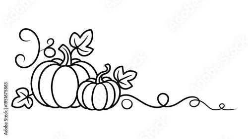 Simple black and white line drawing of pumpkins with leaves