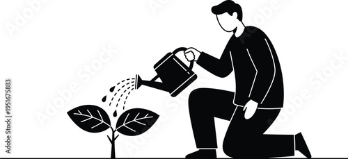 Man watering small plant illustration, gardening concept, sustainability care, eco friendly growth, nurturing nature, minimal flat design, black white vector