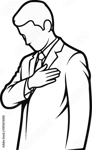 Businessman with hand on heart, head bowed in solemn gesture