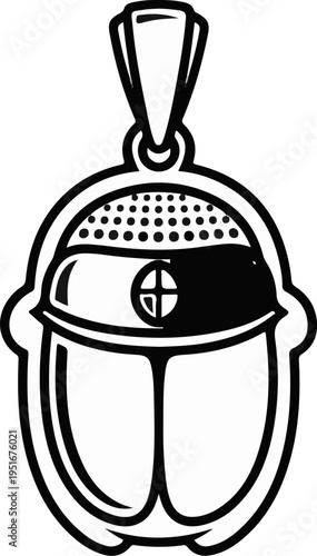 Detailed black and white illustration of a scarab beetle pendant with a looping bail