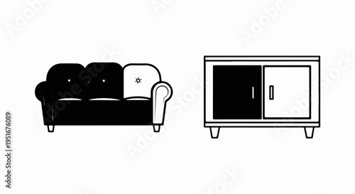 Minimalist black and white illustration of a sofa and a cabinet