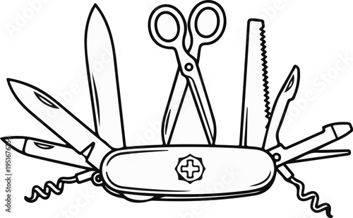 A black and white drawing of a multi-tool with various blades, scissors, and a corkscrew