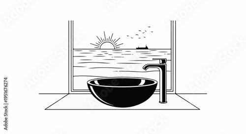 A bathroom sink and faucet with a window view of the ocean sunset