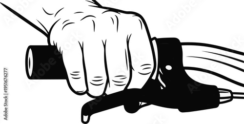 A black and white illustration of a hand gripping a bicycle handlebar and brake lever