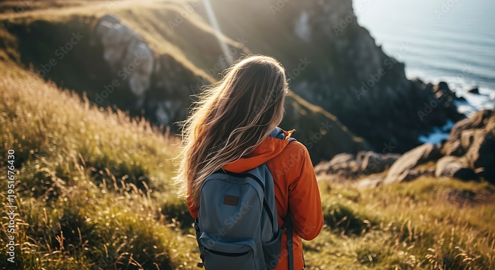 Naklejka premium Woman hiking on a cliffside trail with a scenic ocean view