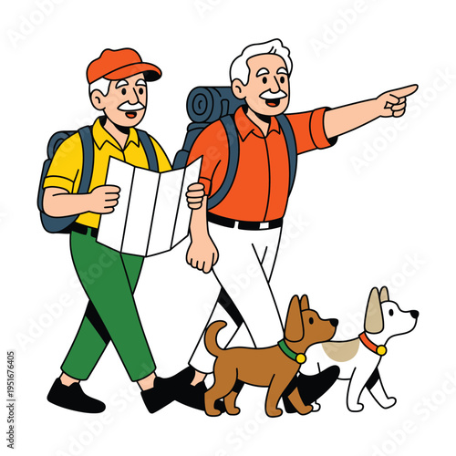 Two elderly men walking with dogs while consulting a map