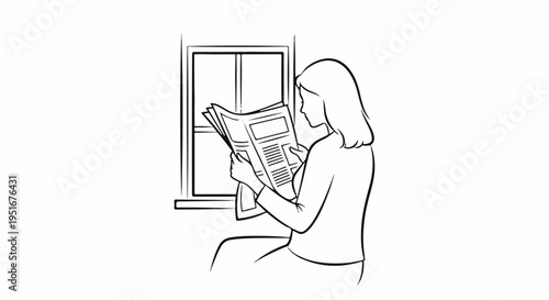 Woman by window reads unfolded newspaper, simple line drawing