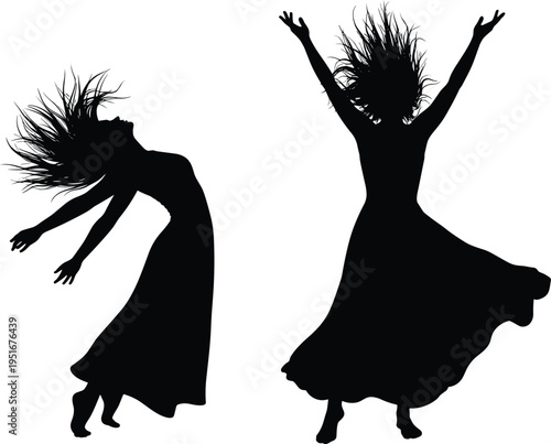 Dancing woman silhouettes vector illustration expressive movement female dancer poses elegant flowing dress motion black silhouette collection isolated design pack