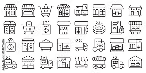 Collection of shopping and e-commerce line icons. Set of minimalist vector illustrations depicting storefronts, shopping carts, delivery trucks, and online store symbols for web and mobile application