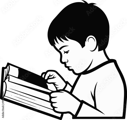 Young child focused intently on reading an open book