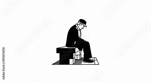 A solitary man in a hat and suit sits on a textured block, looking down