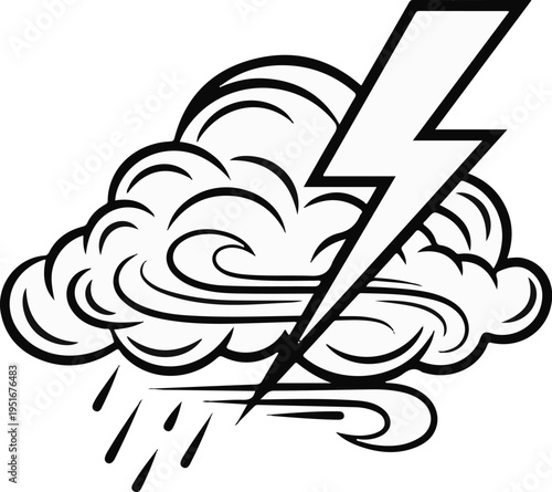 Stylized storm cloud with lightning bolt and falling rain drops