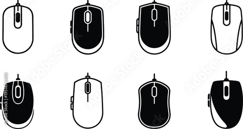A set of vector line art computer mouse silhouettes in various orientations and designs