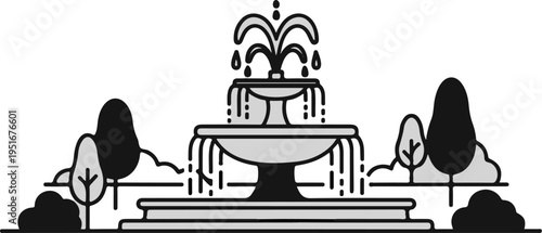 A stylized, graphic illustration of a multi-tiered fountain flowing with water