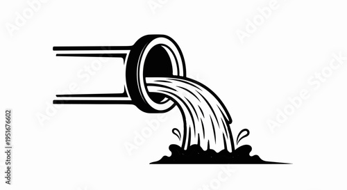 Black and white illustration of pipe discharging water into a splash