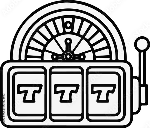 Stylized illustration of a slot machine with three reels and a spinning wheel