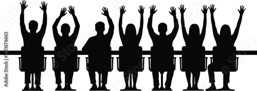 silhouette, people, audience, raised, hands, voting, meeting, seminar, classroom, business, conference, group, participation, discussion, education, training, teamwork, vector, illustration, concept