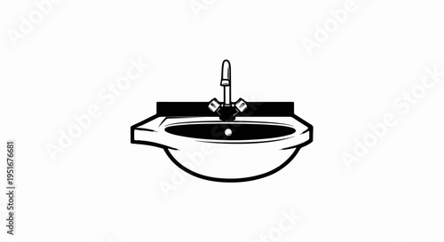 Simple black and white line drawing of a sink with a faucet