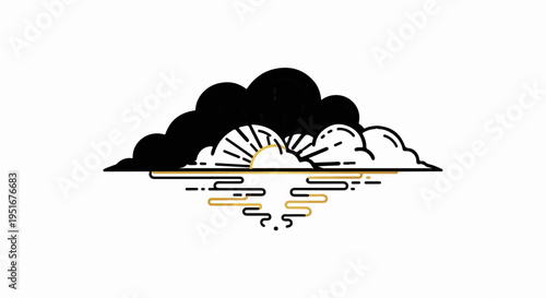 Stylized sun rises behind dark clouds over reflective water