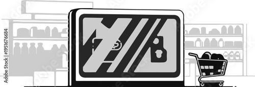 Stylized shopping cart full of groceries near a screen display