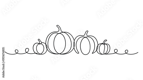 Simple line drawing depicts a row of pumpkins with delicate vines