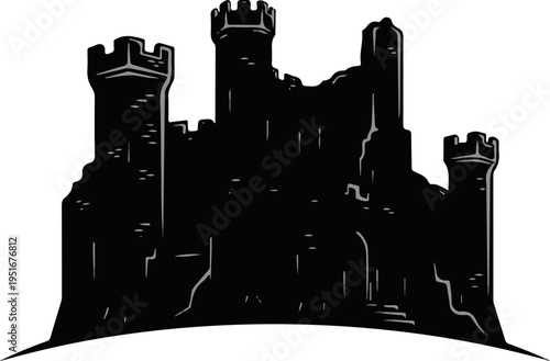 Silhouette of a dark, imposing castle with multiple towers and battlements