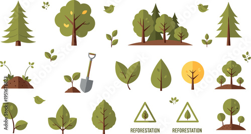 Reforestation and Tree Planting Illustration Set with Forest Elements, Seedlings, Leaves, Shovel and Nature Conservation Icons