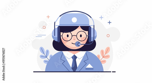 Friendly support agent with headset and glasses, wearing a blue suit