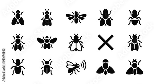 Set of fly and insect icons, representing pests and insects in a flat design style