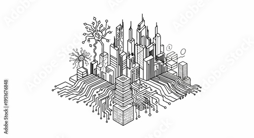 Futuristic cityscape fused with circuitry and neural networks