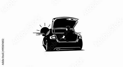 Person sitting in car trunk at sunrise, looking out