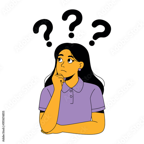 A cartoon woman with question marks above her head looks puzzled