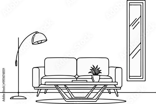 Minimalist living room scene with sofa, coffee table, plant, floor lamp, and mirror
