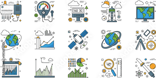 Climate Monitoring and Environmental Science Icons Collection with Weather Station, Satellite, Data Analytics, Earth Observation and Research Elements