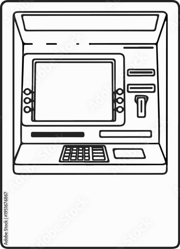 Outline of an automated teller machine with a screen, keypad, and card slot