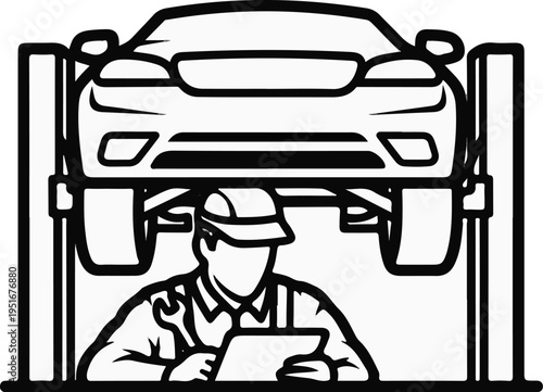 Mechanic inspecting car on lift